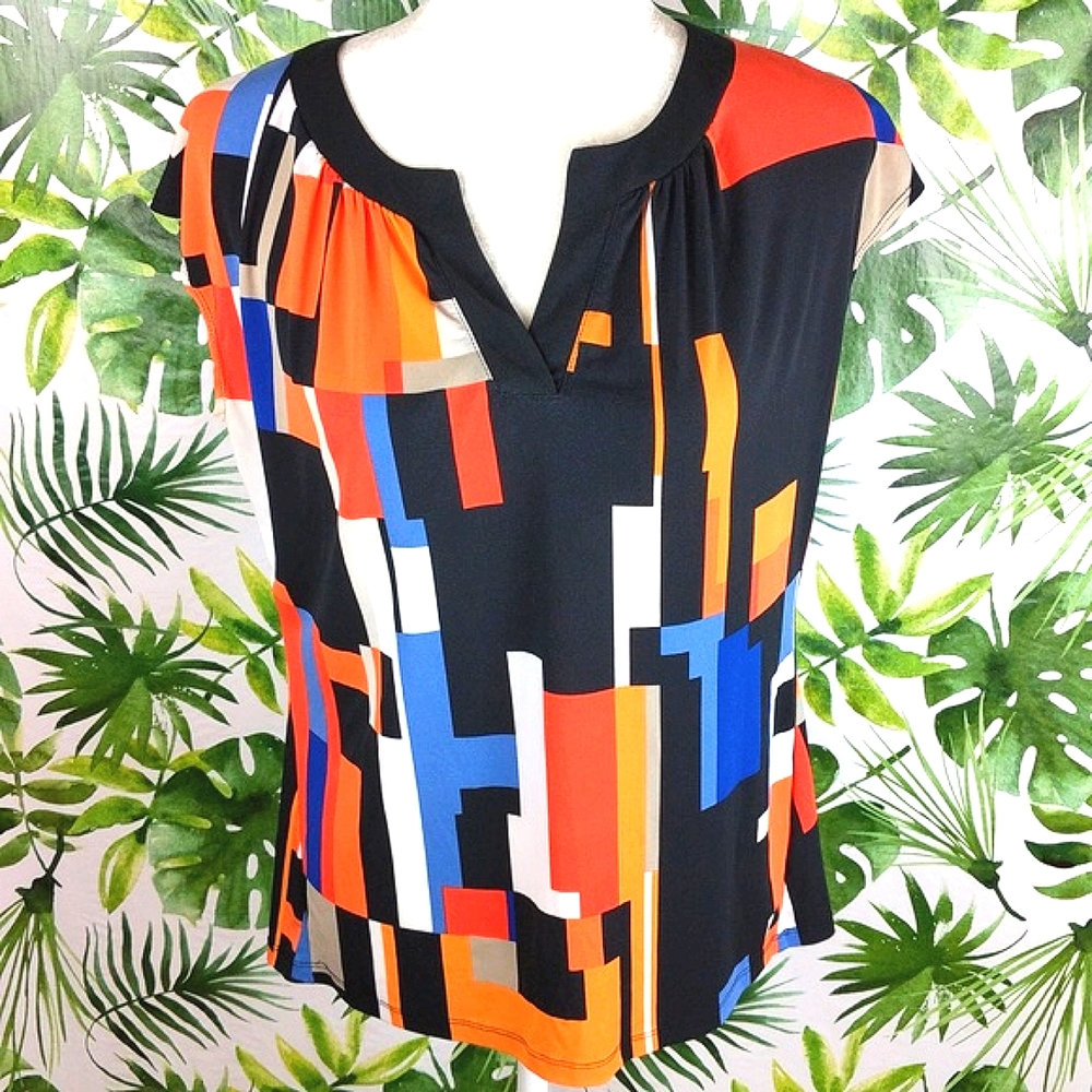 Worthington Orange & Blue Abstract Blouse (Size: Medium)